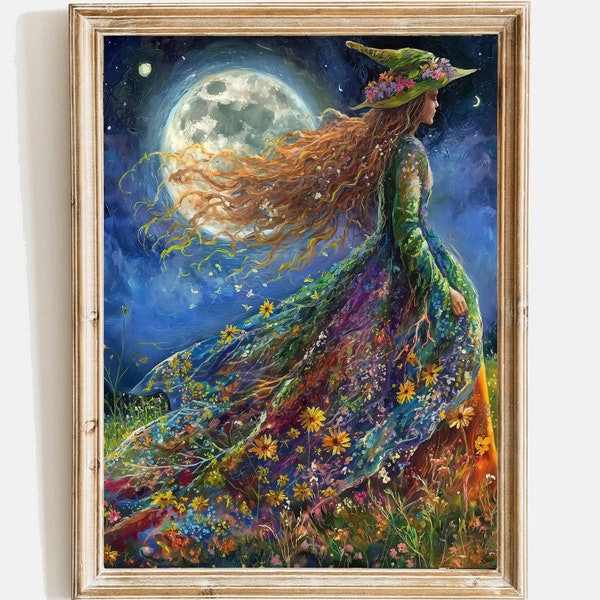 Green witch wall art Wildflower blooms under the moon print, ethereal witch, mystical magical beautiful witch, witchy mystical decor