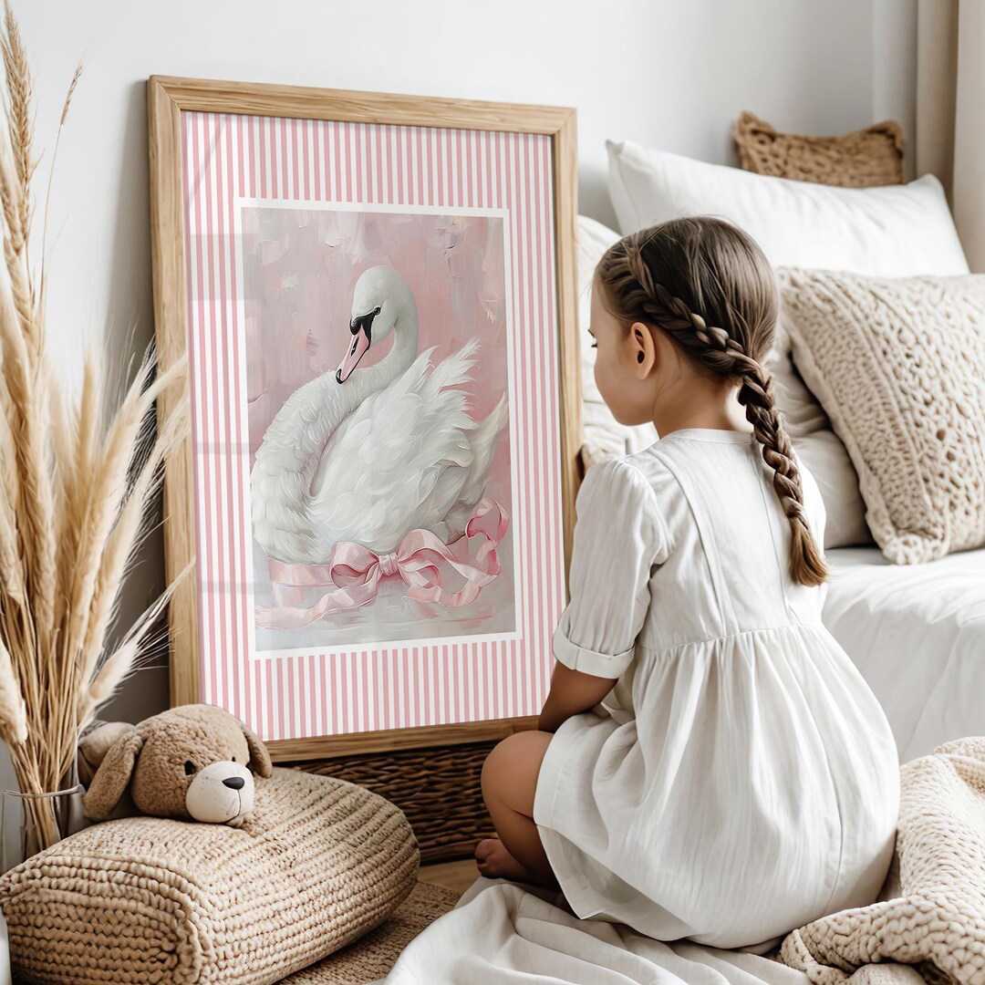 Coquette Pink Bow and Swan Nursery Wall Art Painting for Pastel Pink ...