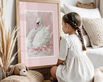 Stampa artistica per cameretta dei bambini con cigno rosa: decorazione da parete con fiocco Coquette