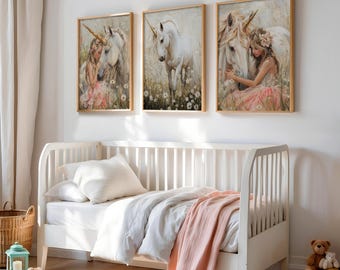 Unicorn Whimsical Wall Art: Girl Nursery Decor Set Of 3 Prints