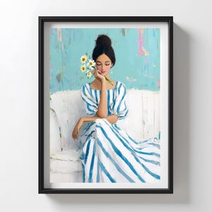 Modern Woman Art Print: Striped Dress, Floral Bouquet