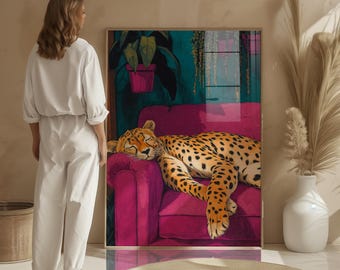 Stampa artistica da parete con leopardo - Poster con leopardo audace su divano rosa - Diverse dimensioni