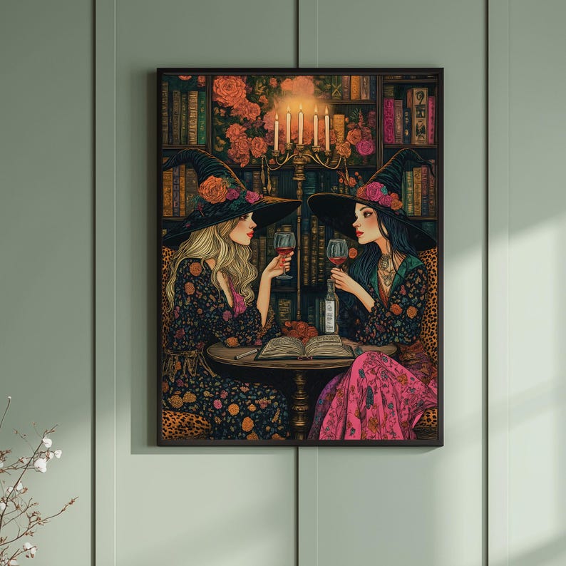 Witch Poster - Witchy aestheic - Witchcraft decor colourful two women in boho dresses drinking red wine friendship art