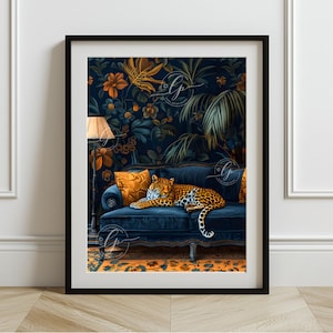 Leopard Lounging on Sofa Art Print: Maximalist Home Decor