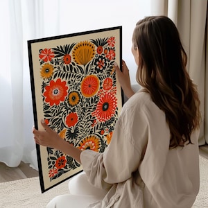 Vintage-style folk art print featuring colorful floral patterns