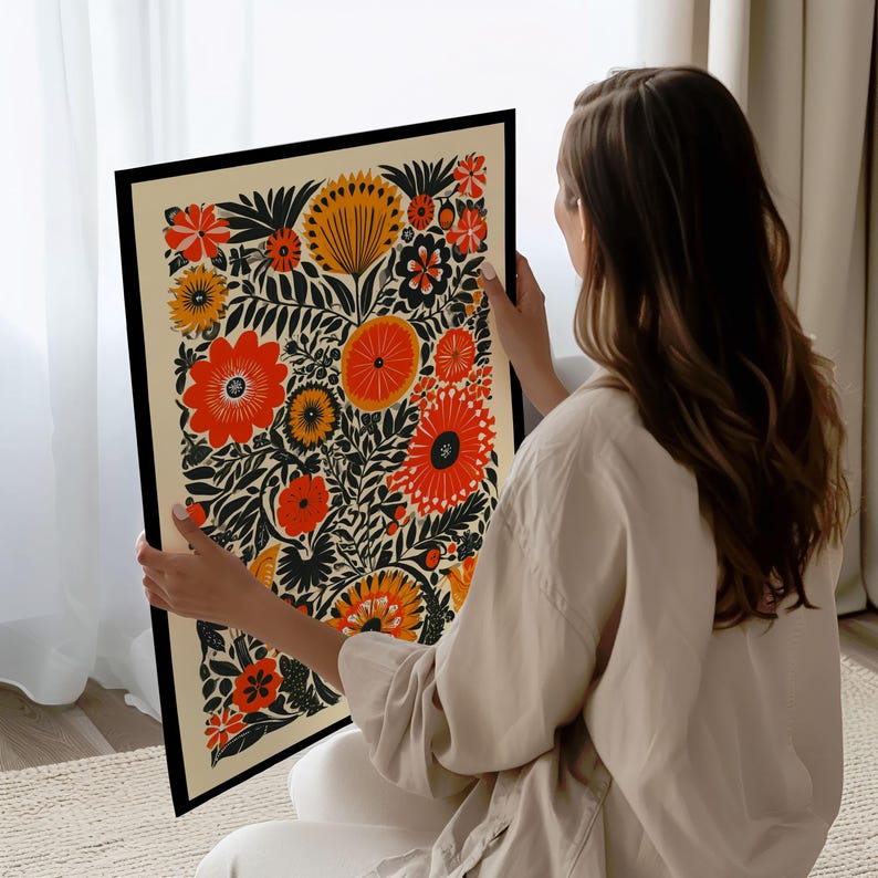 Vintage-style folk art print featuring colorful floral patterns