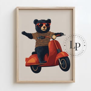 Bear on Vespa Scooter Print, Quirky Fun Animal Print for Kids Boy's Room, Printable Art, Digital Download, Eclectic Nursery Animal Art Print