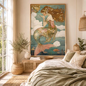 Whimsical mermaid print in soft pastel colors, featuring intricate costume details, delicate textures, and mythical ocean vibes.