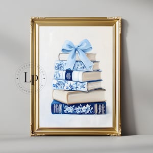 Arte de parede para amantes de livros, impressão em aquarela Booknook, pôster com padrão chinoiserie azul, arte moderna para leitores, decoração feminina e literária