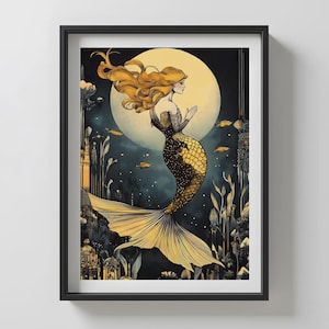 Golden Mermaid Art Print – Modern Ocean Fantasy Poster | Dark Moody Bathroom wall art Decor | Surreal Sea Goddess Illustration