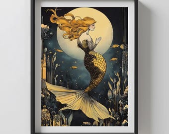 Golden Mermaid Art Print: Moody Ocean Goddess Illustration