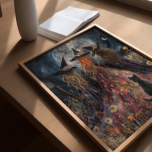 A coven of witches art print, ethereal witches, mystical magical beautiful enchanting witches under a full moon, witchy mystical decor