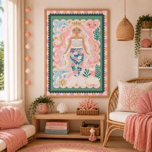 Whimsical crowned mermaid with pink flowing hair, dolphins,