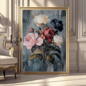 Vintage Shabby Chic Country Rose Art Print, Cottagecore Floral Home Decor, Botanical Painting for Rustic Country Home, Shabby Chic Art
