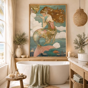 Elegant mermaid illustration with long flowing hair, adorned in floral accessories, surrounded by dreamy clouds and pastel ocean tones.