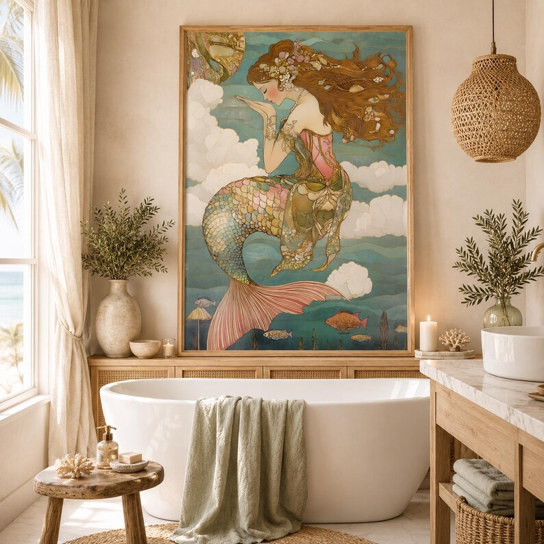 Elegant mermaid illustration with long flowing hair, adorned in floral accessories, surrounded by dreamy clouds and pastel ocean tones.