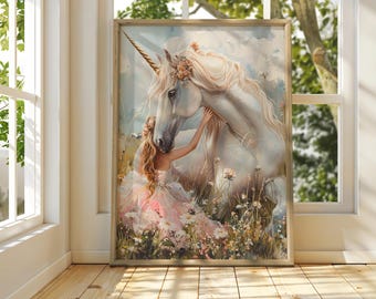 Unicorn and Girl Art Print: Enchanted Nursery Wall Decor