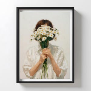 Woman With Daisies Portrait Art, Abstract Female Artwork, Woman With Flowers Painting, Daisy Wall Art, Female minimilist Abstract Decor