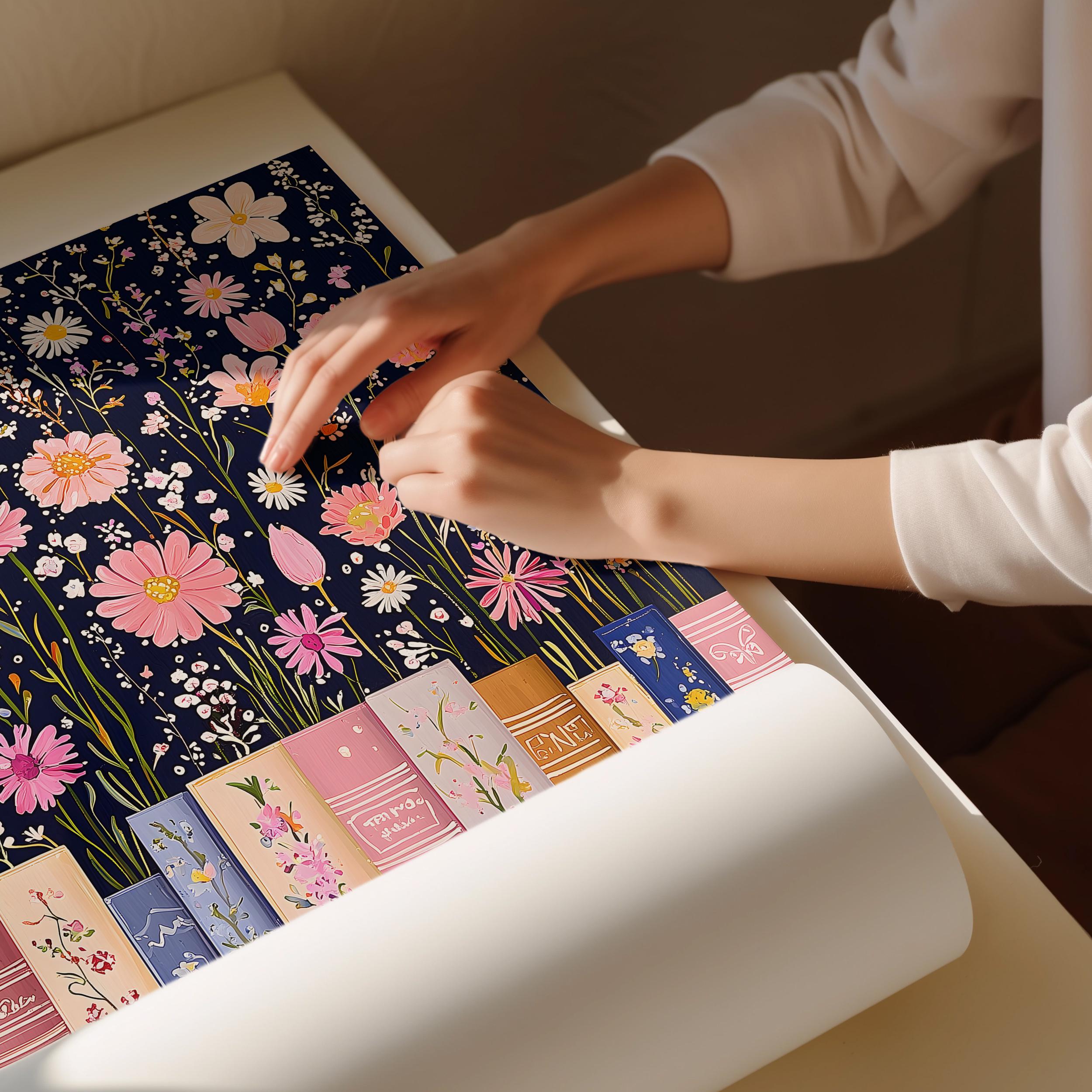 Book Poster Floral Book Stack Print: Pastel Wildflower Booknook