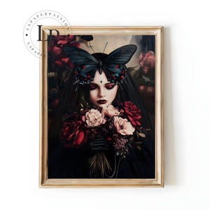 Arte gótica: mulher com véu, arte de mariposa, estética da arte gótica, academia sombria, pôster oculto, decoração gótica, arte de parede sombria, decoração gótica
