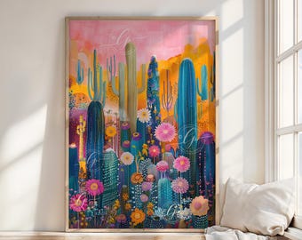 Stampa di fiori di cactus del deserto: arte murale eclettica e massimalista