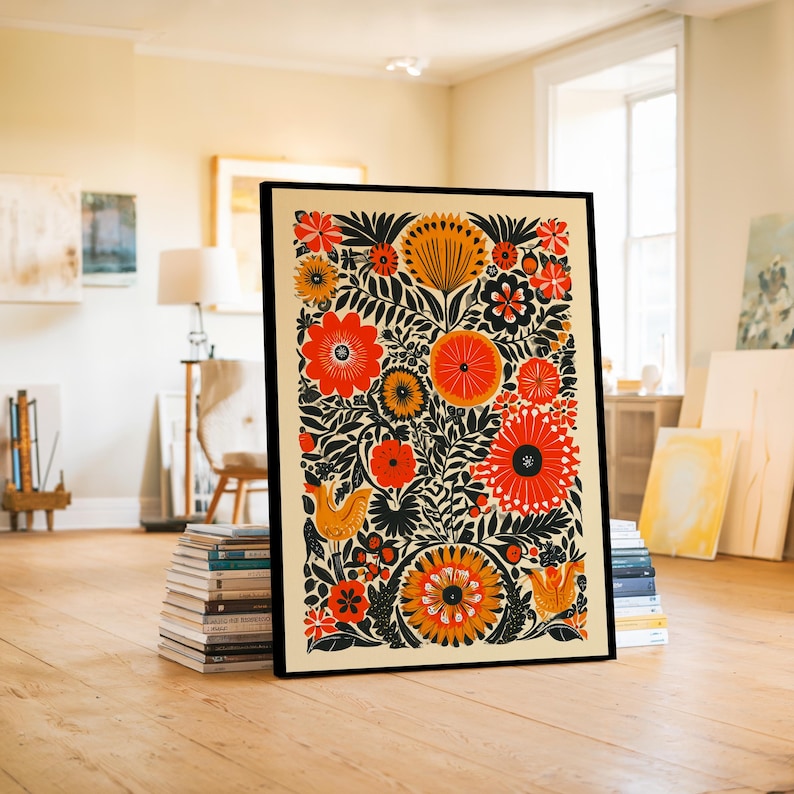 Retro Mexican floral wall art in bold black and orange tones