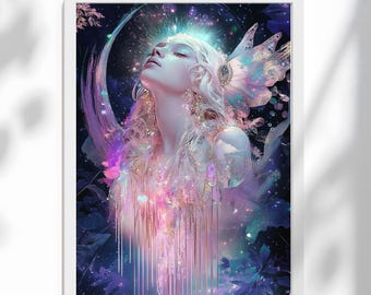 Lámina artística de la Diosa de la Luna: Decoración celestial femenina divina
