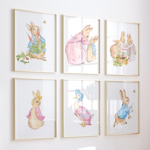 Impressões de berçário de coelho rosa: arte de parede em aquarela vintage