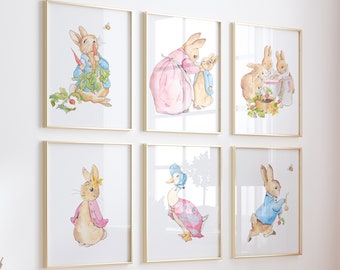 Stampe per cameretta dei bambini di Peter Rabbit, coniglietto rosa: arte murale in stile acquerello vintage