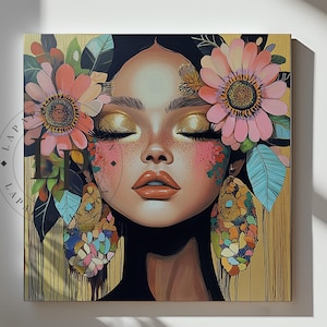 Enhanced Woman Portrait Canvas Art: Golden Floral, Modern Wall Decor