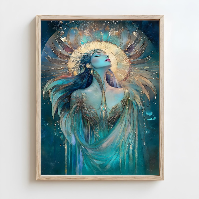 May include: Framed art print of a woman with long blue hair and a golden halo. The artwork uses teal, gold, and blue hues. The woman has her eyes closed and head tilted back, wearing a flowing teal gown. The frame is made of light wood.