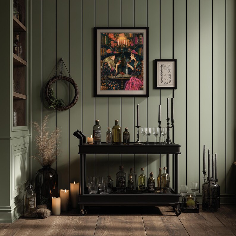 Witch Poster - Witchy aestheic - Witchcraft decor colourful two women in boho dresses drinking red wine friendship art