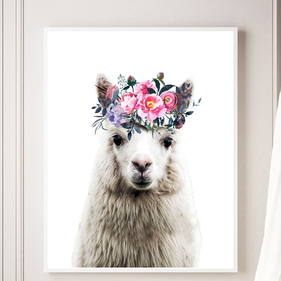 Llama Print, Girls Llama Nursery Wall Art, Pink Flower Crown Animal Art, Cute Alpaca Photo