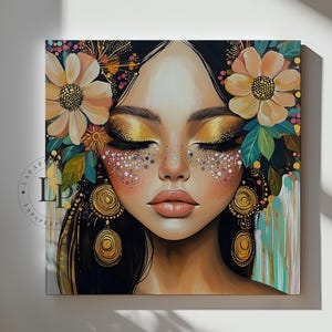 Abstract woman Canvas Wall Art  Large Wall Art Female Portrait Pinting Canvas Print - Golden Floral  Modern Wall Art  Face Artwork