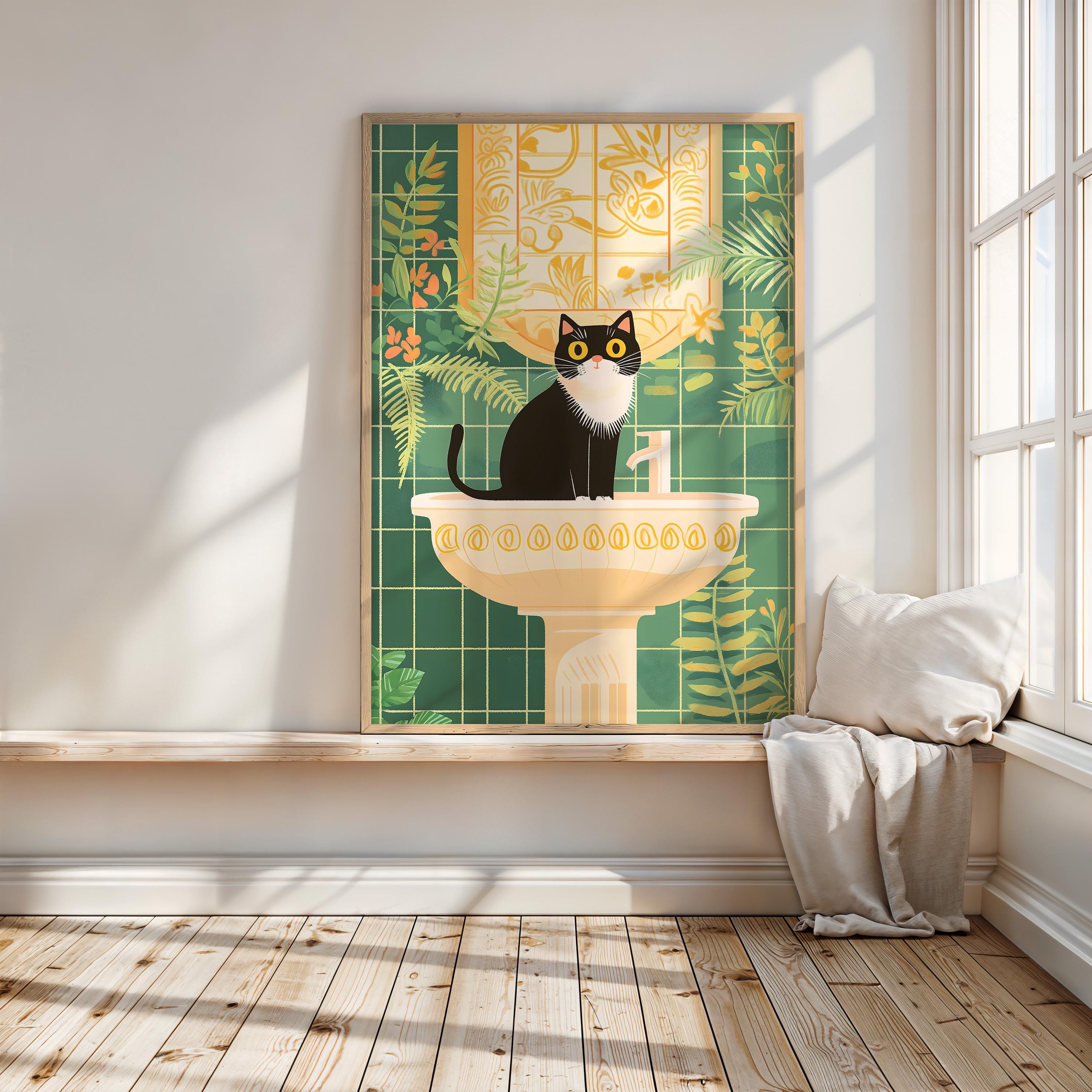 Bathroom Green Wall Art Print: Black Tuxedo Cat Poster Whimsical Wall ...