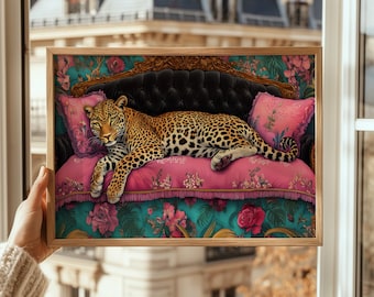 Leopard Wall Art: Vintage Botanical Couch Print, Maximalist Decor