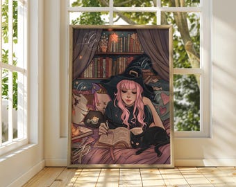 Teen Witch Black Cat Art Print: Colorful Halloween Decor
