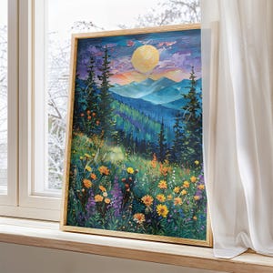 Moonrise Wildflower Meadow Art Print: Enchanted Woodland Oil Painting