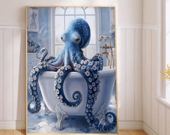 Lámina artística "Pulpo en el baño": Póster del Kraken Azul para el baño