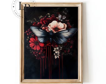 Dark Academia Moth Art Print: Moody Gothic Floral Wall Decor