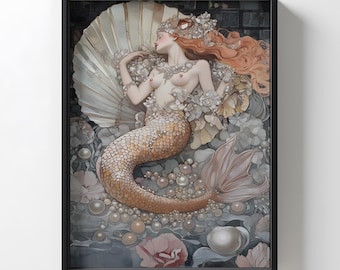 Elegant Mermaid Art Print: Fantasy Sea Goddess, Coastal Boho Decor