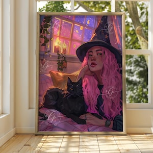 Arte de bruja rosa - Impresión moderna de bruja - Decoración colorida de Halloween - Póster de bruja - Arte mural de brujas