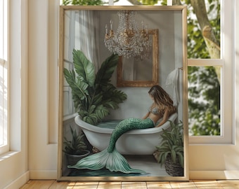 Mermaid Art Nouveau Print: Tropical Bathroom Wall Art