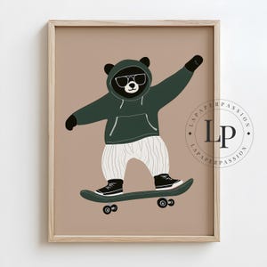 Cool Skateboarding Bear Nursery Wall Art, Quirky Fun Animal Print for Kids Room, Toddler room decor Printable Art, Digital Download