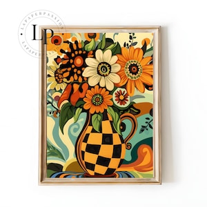Stampa di vaso di fiori retrò funky - Arte murale arancione e verde marrone - Decorazione boho moderna - Arte floreale colorata - Decorazione per la casa eclettica anni '70 Vintage