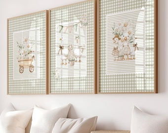 Goose Nursery Prints Set: Sage Green Gingham, Cottagecore Art