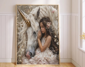 Girl and Unicorn Wall Art Print — Whimsical Bedroom Decor for Girls