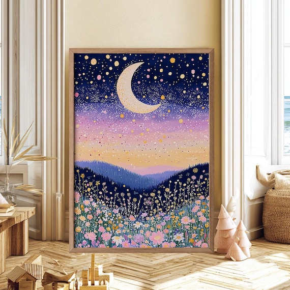 Floral Moon Print: Whimsical Boho Nursery Wall Art