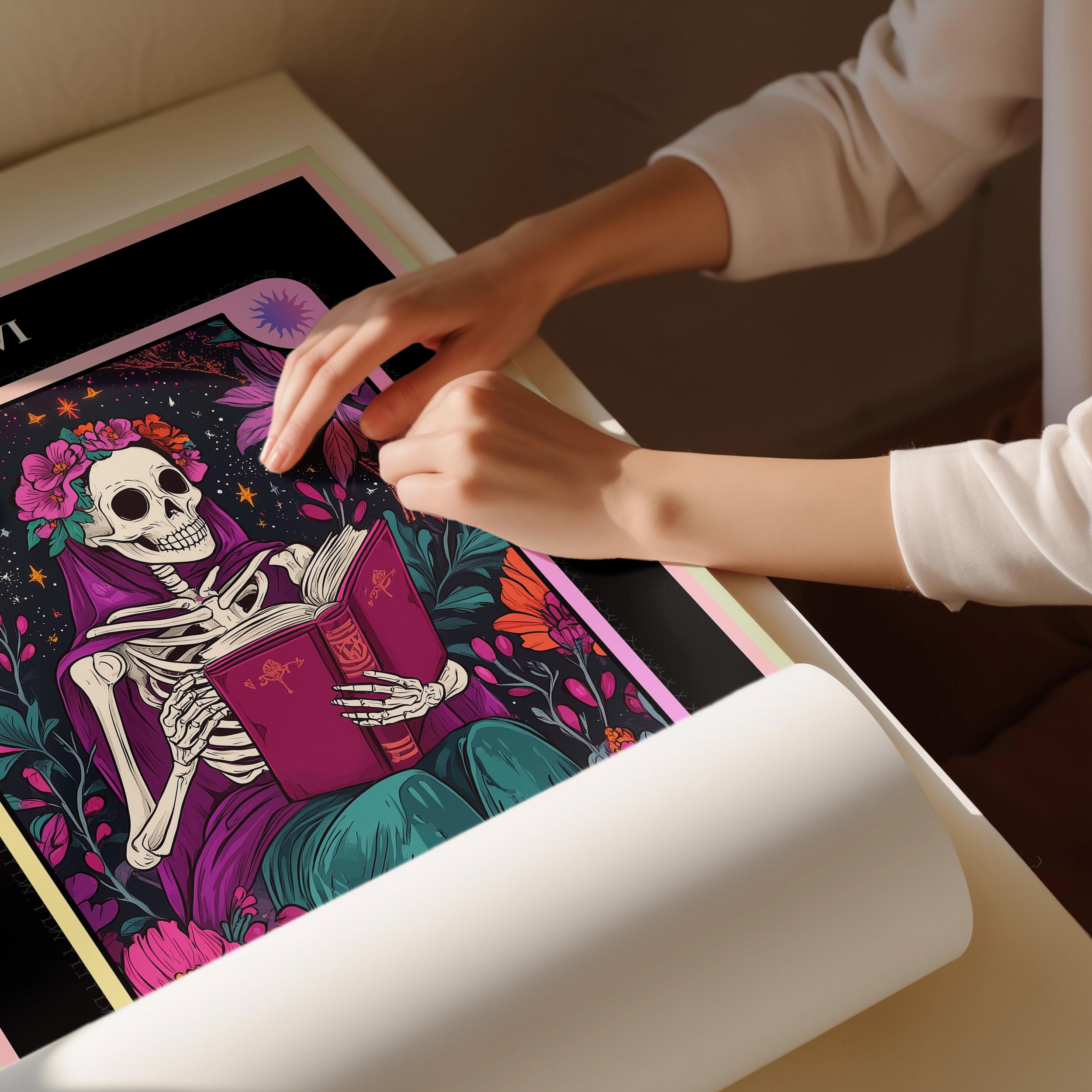 The Reader Tarot Card Print - Whimsical Skeleton Book Lover Art - Etsy