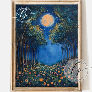 Full Moon Wildflower Print: Enchanted Forest Wall Art